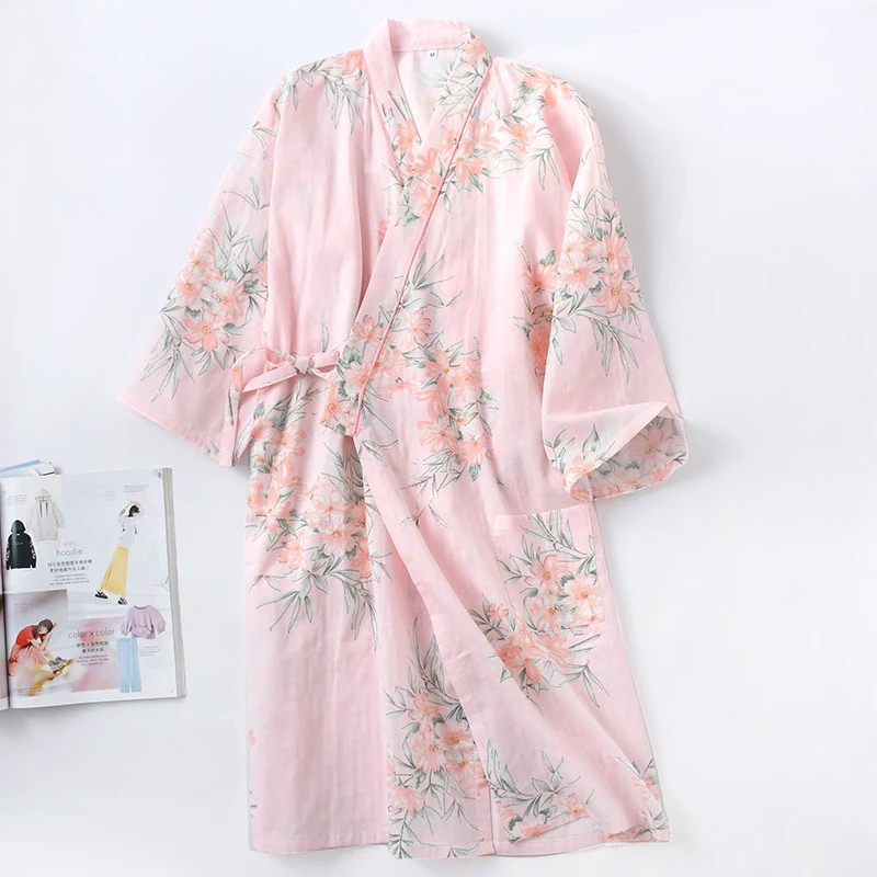 Lente Zomer 100% Katoenen Kimono Badjas Nachtjapon Dames Japanse Stijl Lange Nachtjapon Bloem Lingerie Zweet Stoom Kleding