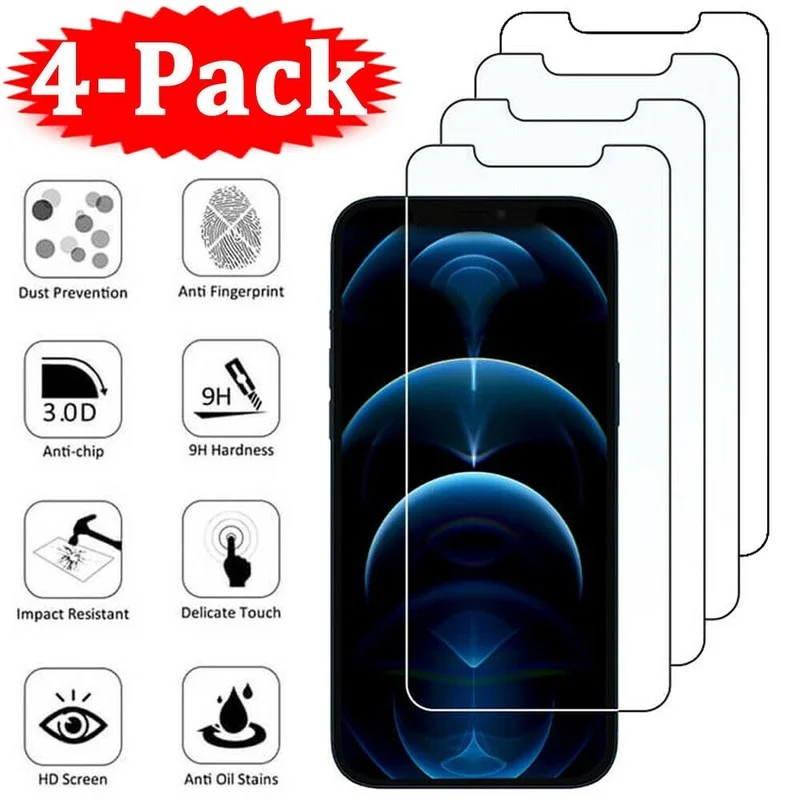 4Pcs For iPhone 12 mini 11 Pro X XR XS Max 8 7 6 Plus 5s se 2020 Tempered Glass Screen Protector  mobile phone accessories