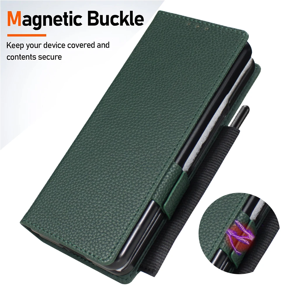 S Pen Holder Case for Samsung Galaxy Z Fold 3 Fold3 Leather Wallet Cover Built-in Stylus Socket Slot 2-in-1 Magnetic Detachable