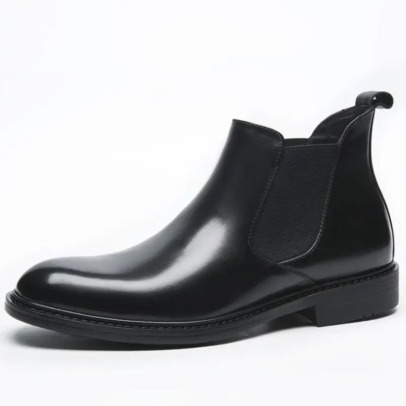 

New Genuine Leather Chelsea Ankle Boots Men Busines Dress High Top Shoes Mens Office Work Round Toe Slip-On Boots Size 38-44