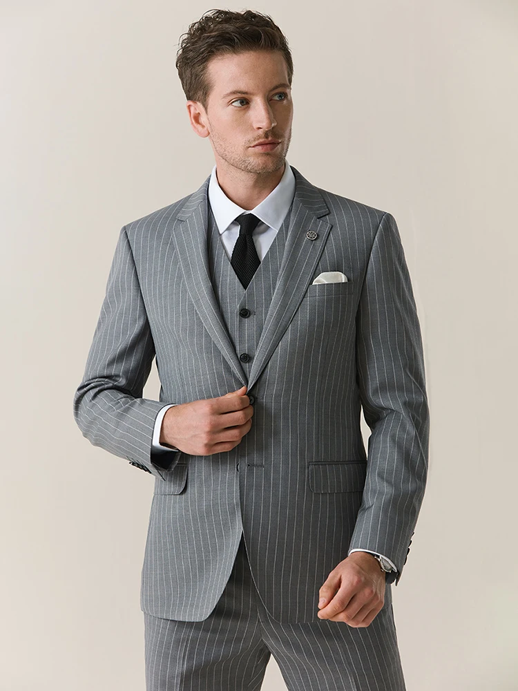 70% Wool Single Breasted Grey Stripe Slim Style Mens Suits Set Blazer Vest Pant Sets Plus Size 58 To 44 Wedding Groom Wear