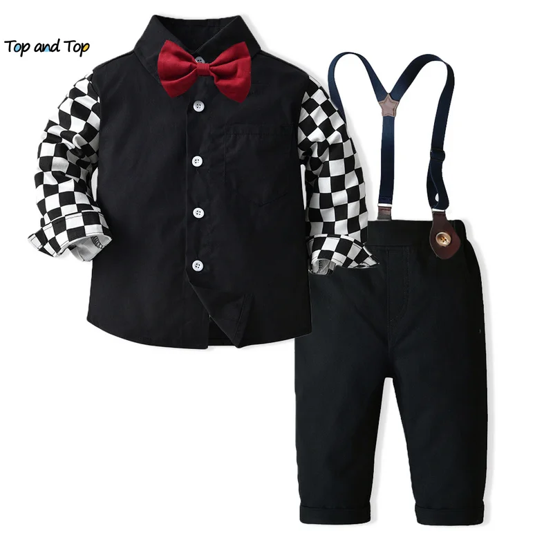 

top and top Autumn Winter Toddler Boys Gentleman Clothing Set Kids Boy Long Sleeve Plaid Bowtie Shirt Tops+Suspenders Pants Suit