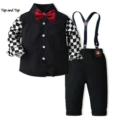 top and top Autumn Winter Toddler Boys Gentleman Clothing Set Kids Boy Long Sleeve Plaid Bowtie Shirt Tops+Suspenders Pants Suit