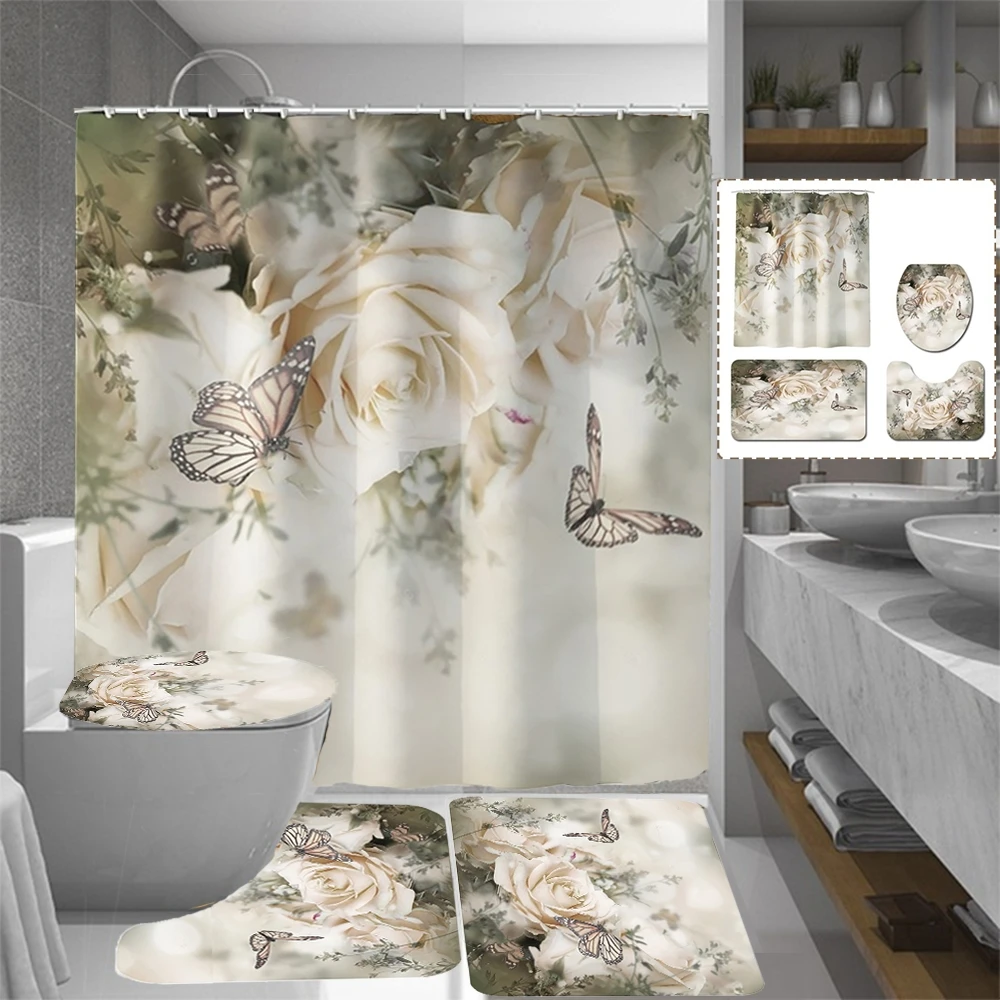 

Flower and Butterfly Bathroom Waterproof Shower Curtain Set, Toilet Seat Cover, Non-slip Pad, Bathtub Decoration, Rose