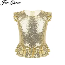 Kids Girls Mermaid Costume Sparkly Sequins Short Flutter Sleeves Peplum Top Fairy Princess Cosplay Costumes for Carnival Party