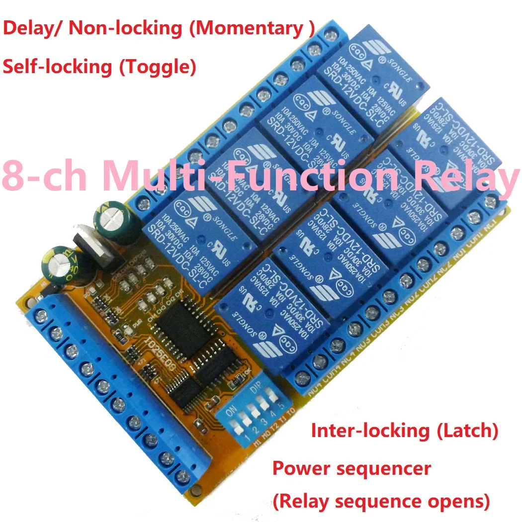 DC 5V 12V 24V 8 Channels Multifunction Power Conditioner/Sequencer Switch Interlock Latch Self-locking Momentary Relay Module