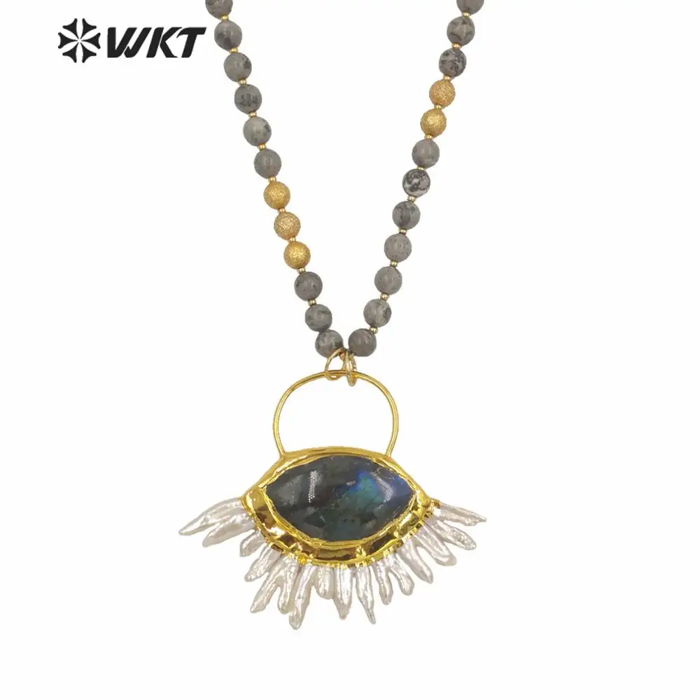 WT-N1242  Unique Gorgeous Evil Eye Design Labradorite Theme Pendant Fashion Gold Long 8MM Round Beads Stone Necklace