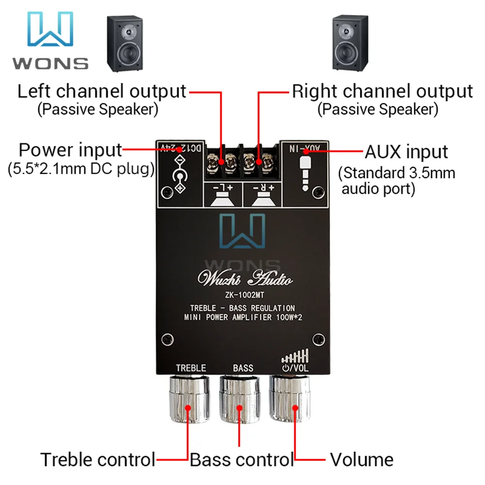 ZK-1002MT Pitch High and Bass Regulation Mini Stereo Dual Sound Channel Bluetooth Audio Power Amplifier Board Module 100W*2