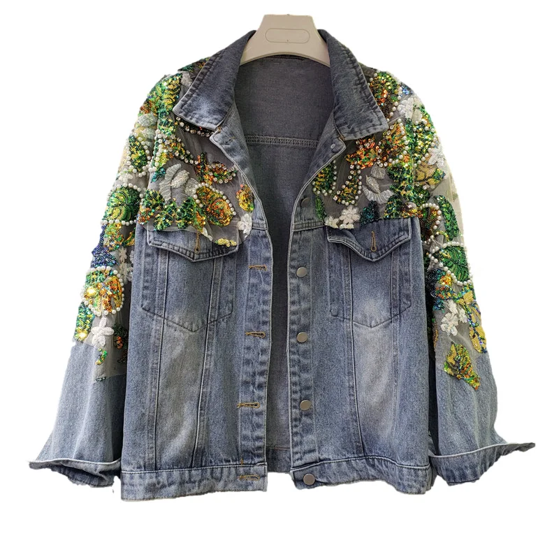 

Autumn Korean Fashion Beading Diamond Lace Splicing Denim Jacket Coat Women Student Outerwear Loose Short Jeans Jackets Female