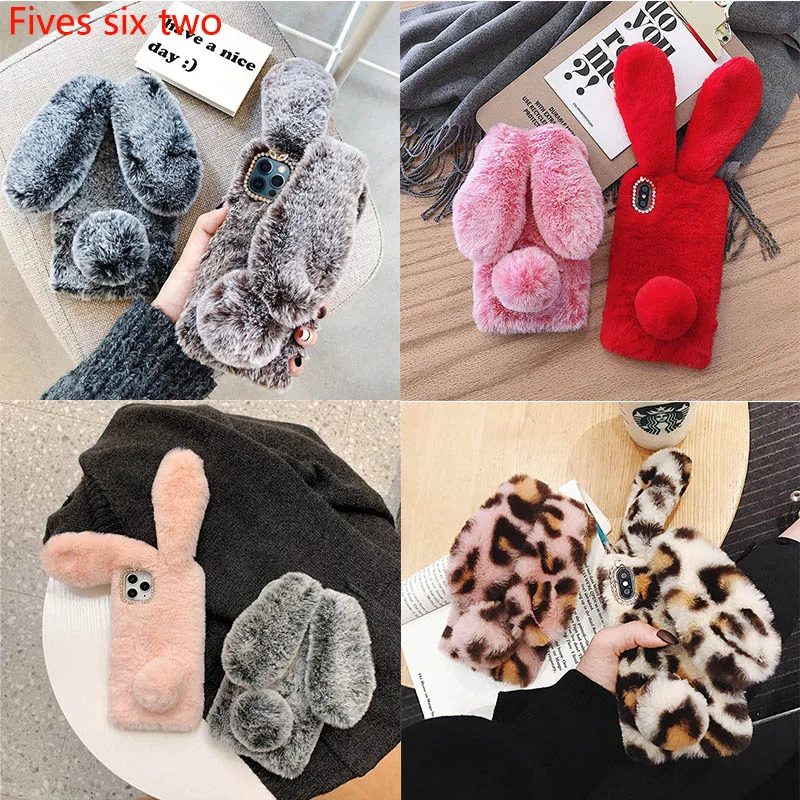 Cute Rabbit Ears Fur Plush Phone Case For Huawei P40 Pro P30 Lite P20 P10 Mate 20 10 P smart 2019 2021 Shockproof tpu Back Cases