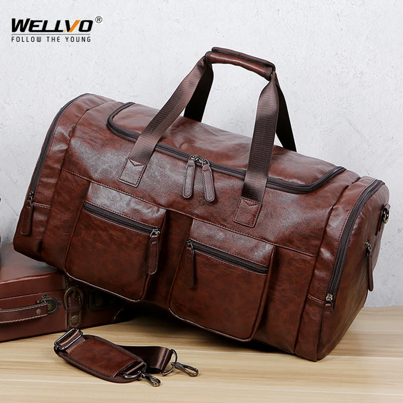 Vintage Leather Weekend Bag For Men Travel Bags Big Tote Hand Luggage Duffel Handbag Shoulder Bag Black maletas de viaje X244C