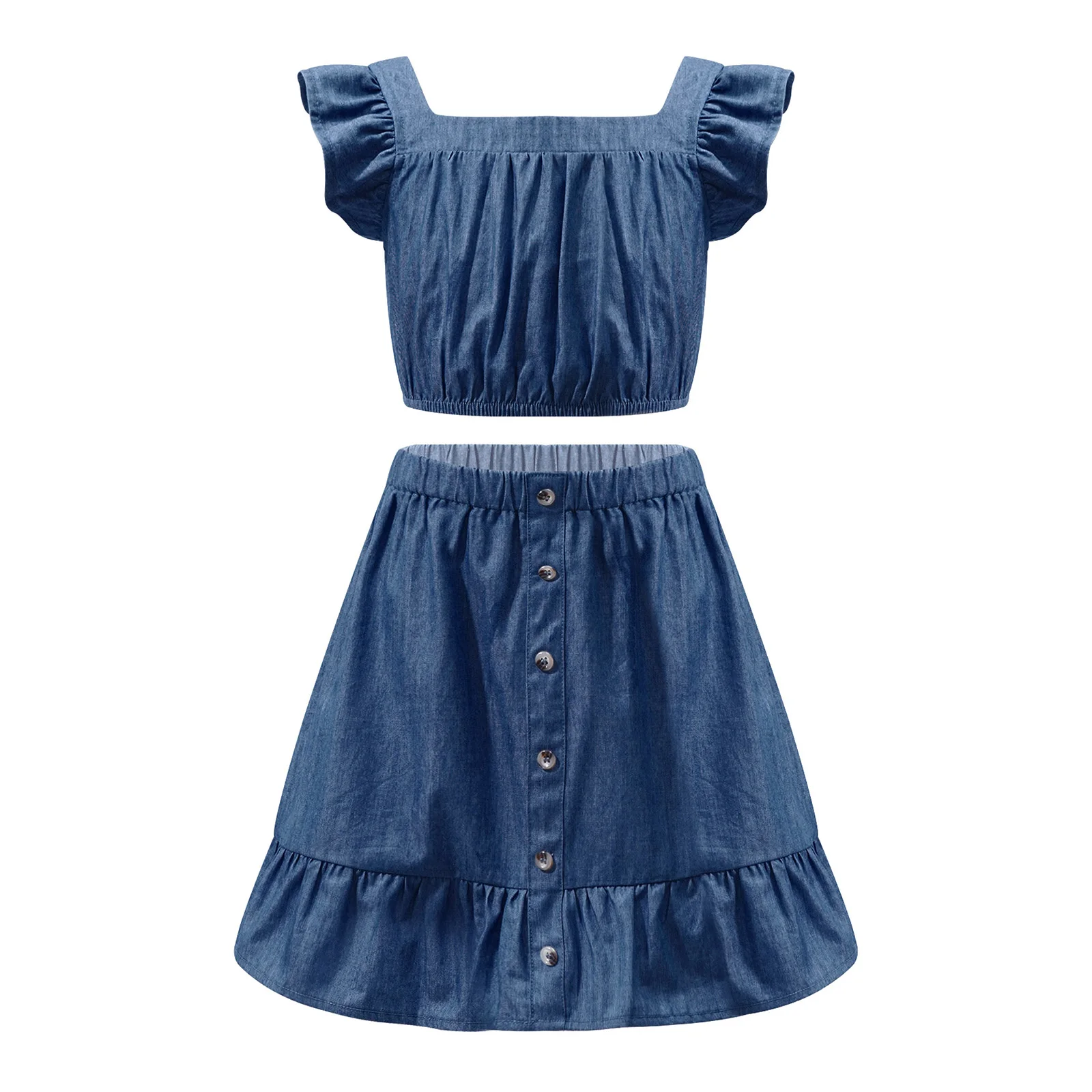 

2Pcs Fashion Summer Denim Clothes Set Kids Two- piece Clothing Suit Sleeveless Crop Top + Ruffle Hem Skirt Teenage Outfits