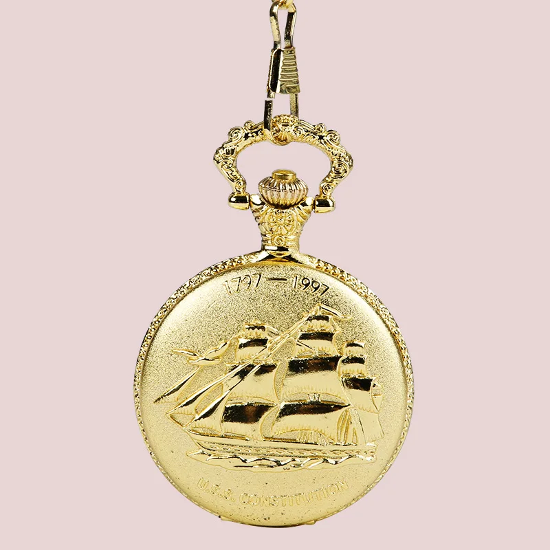 

Large classical thick chain golden embossed sailing boat smooth sailing pocket watch