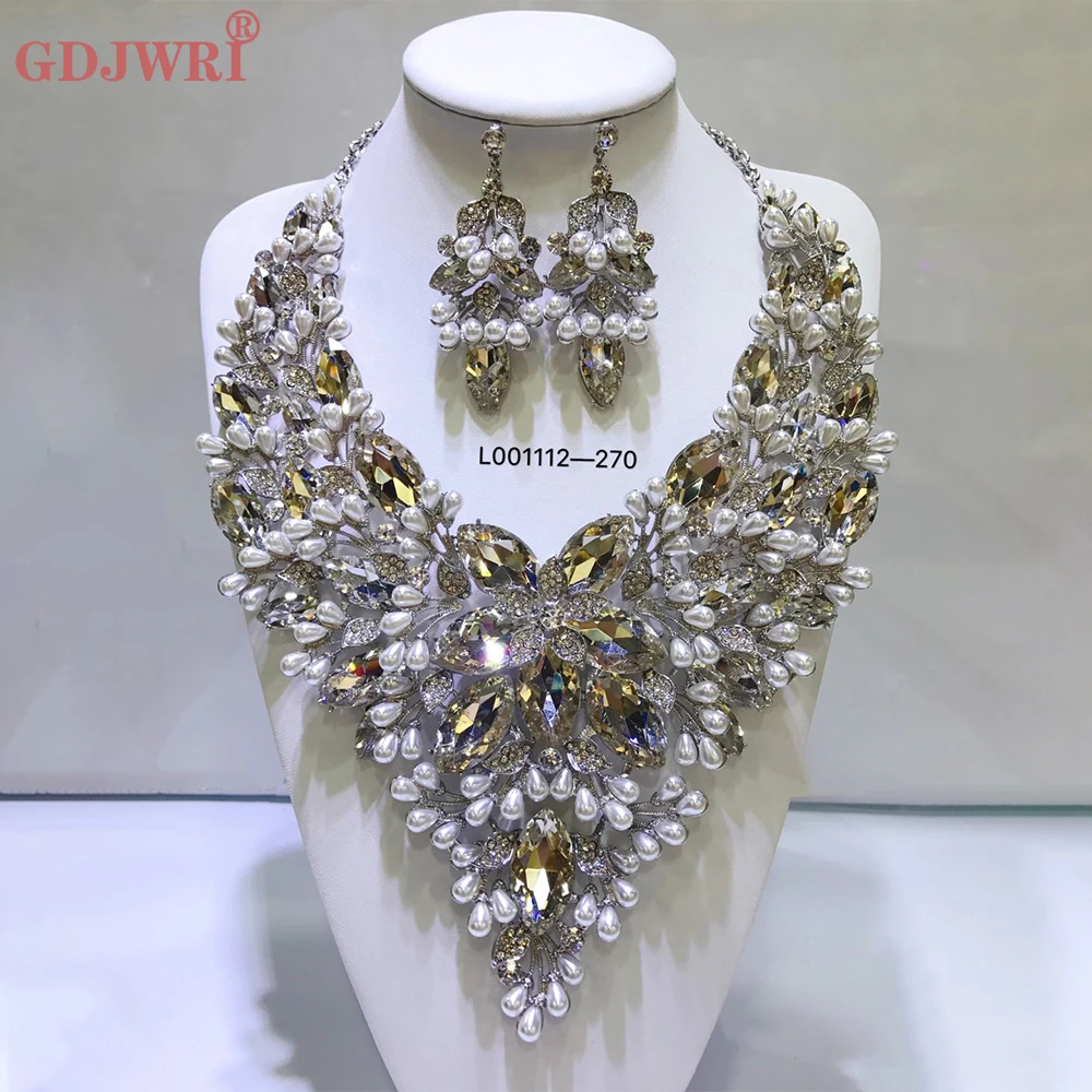 Luxury Gold Color Big Rhinestone Bridal Jewelry Sets Crystal Statement Necklace Earrings Sets Wedding Jewellery Set