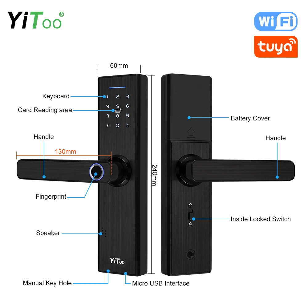 YiToo X1 Kunci Pintu Elektronik Wifi dengan Aplikasi Tuya Jarak Jauh/Sidik Jari Biometrik/Kartu Pintar/Kata Sandi Digital/Buka Kunci