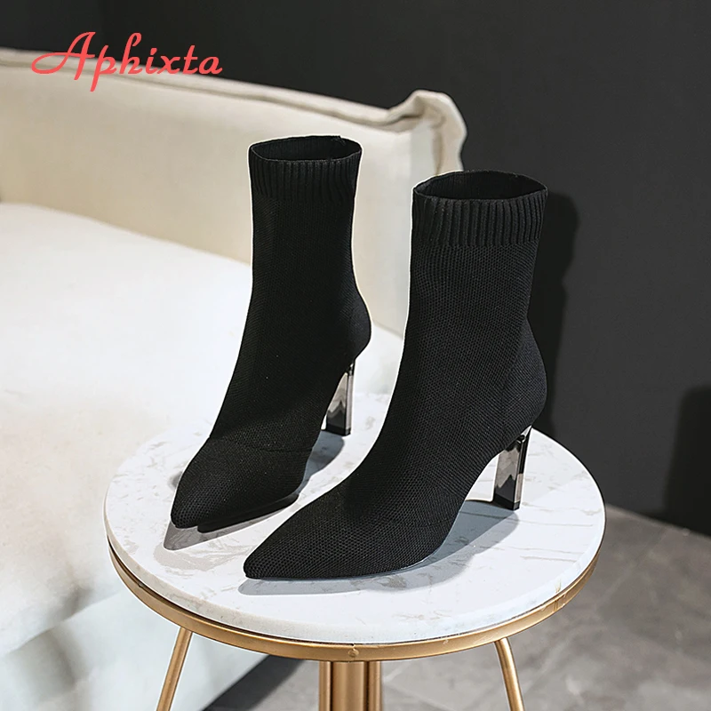 Aphixta Black Knitting Elastic Women Socks Boots Shoes Elegant Metal Thin High Heel Pointed Toe Ankle Boots for Women