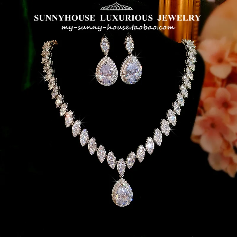 

CC Trendy Necklace Earring Set Wedding Bijoux Engagement Fine Jewellery Crystal Choker Water Drop Shape Jewelry Sets S028