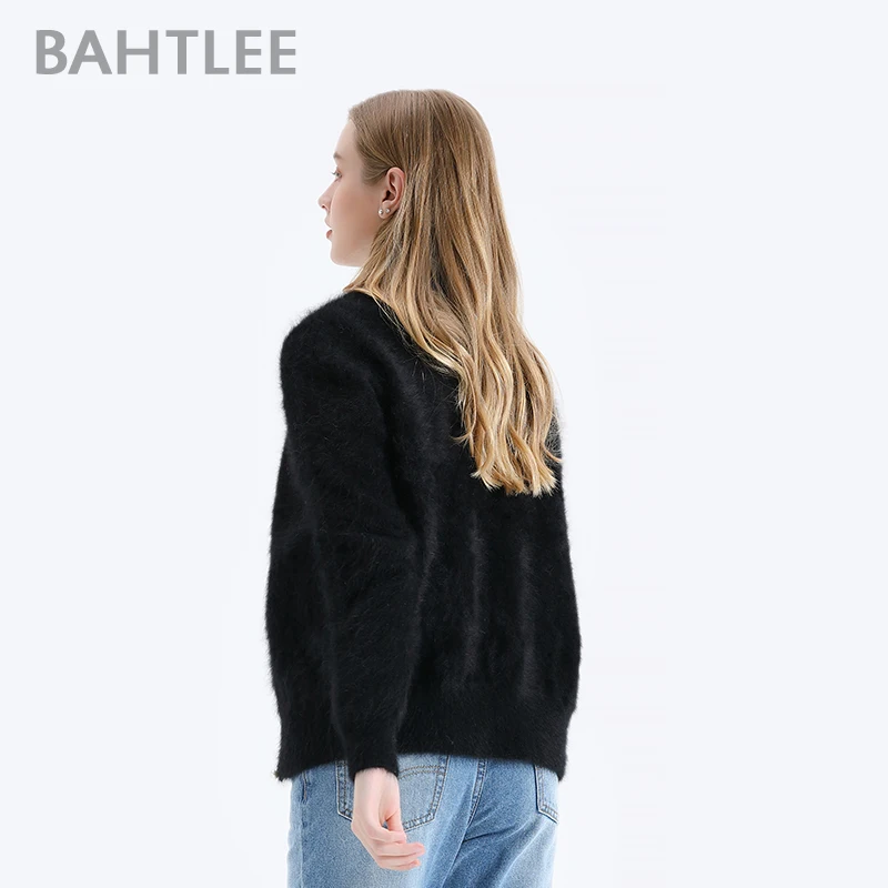 Bahtlee outono inverno feminino angora cardigans camisola lã malha jumper mangas compridas o-pescoço prata fio terno estilo pérola fivela