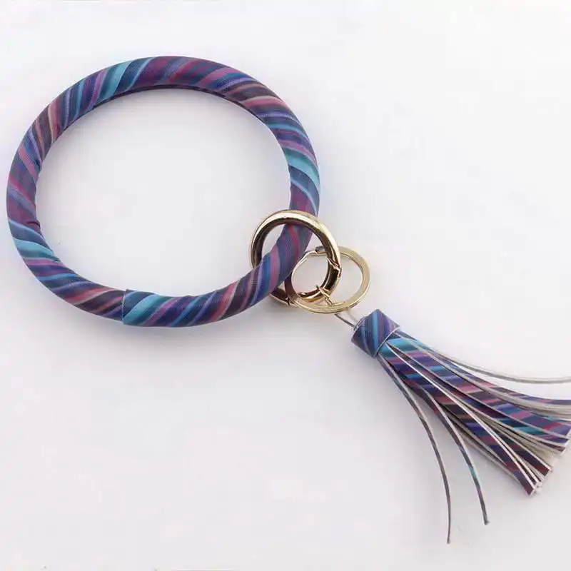 ZWPON Hot Sale PU Leather Tassel Big O Circle Key Chain Women Wristlet Keychain  Girl Key Ring Wrist Strap Wholesale