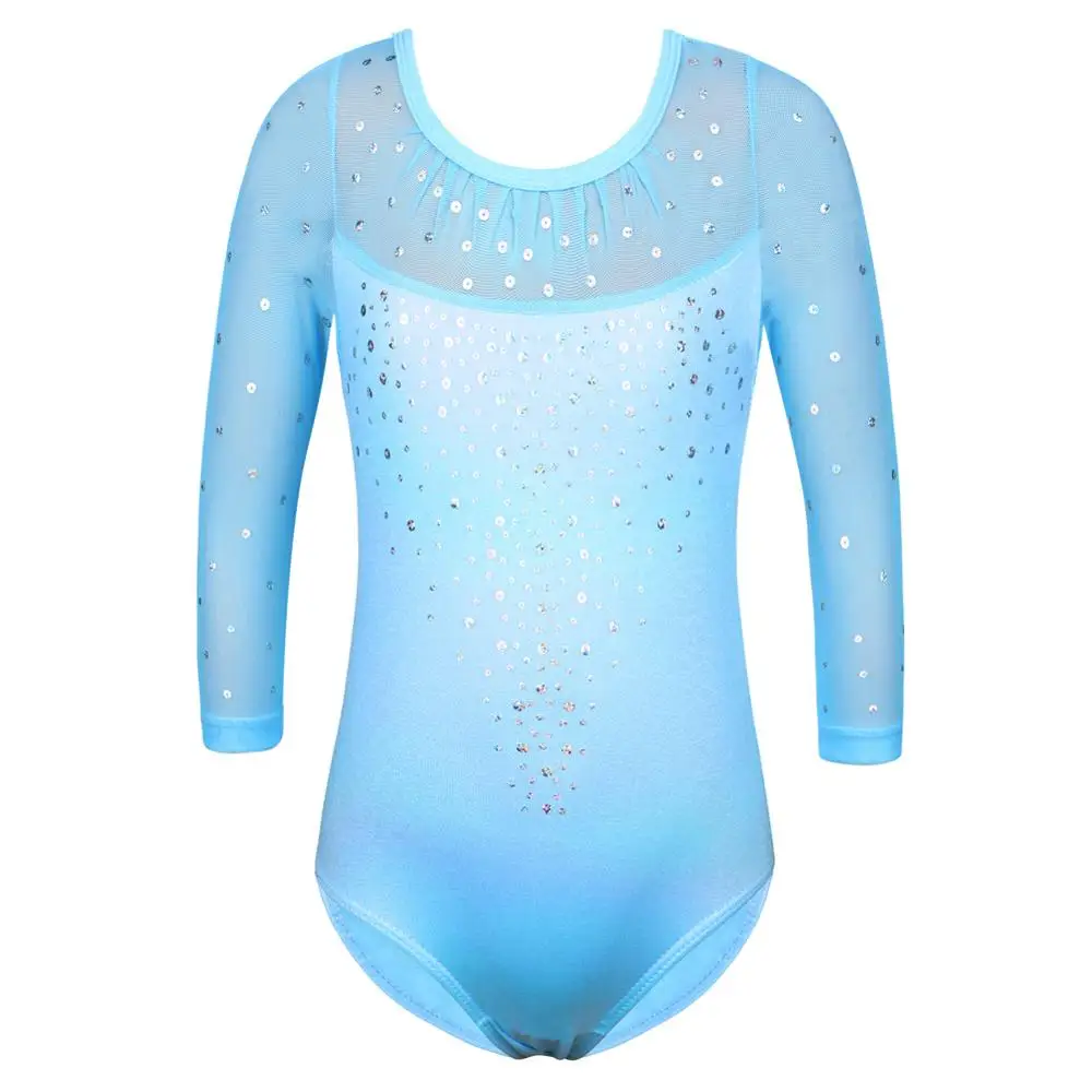 BAOHULU Girls Sparkle Gymnastics Leotard Sequin Lightblue Ballet Leotard Three Quater Sleeve Training Perfoamance Dance Bodysuit