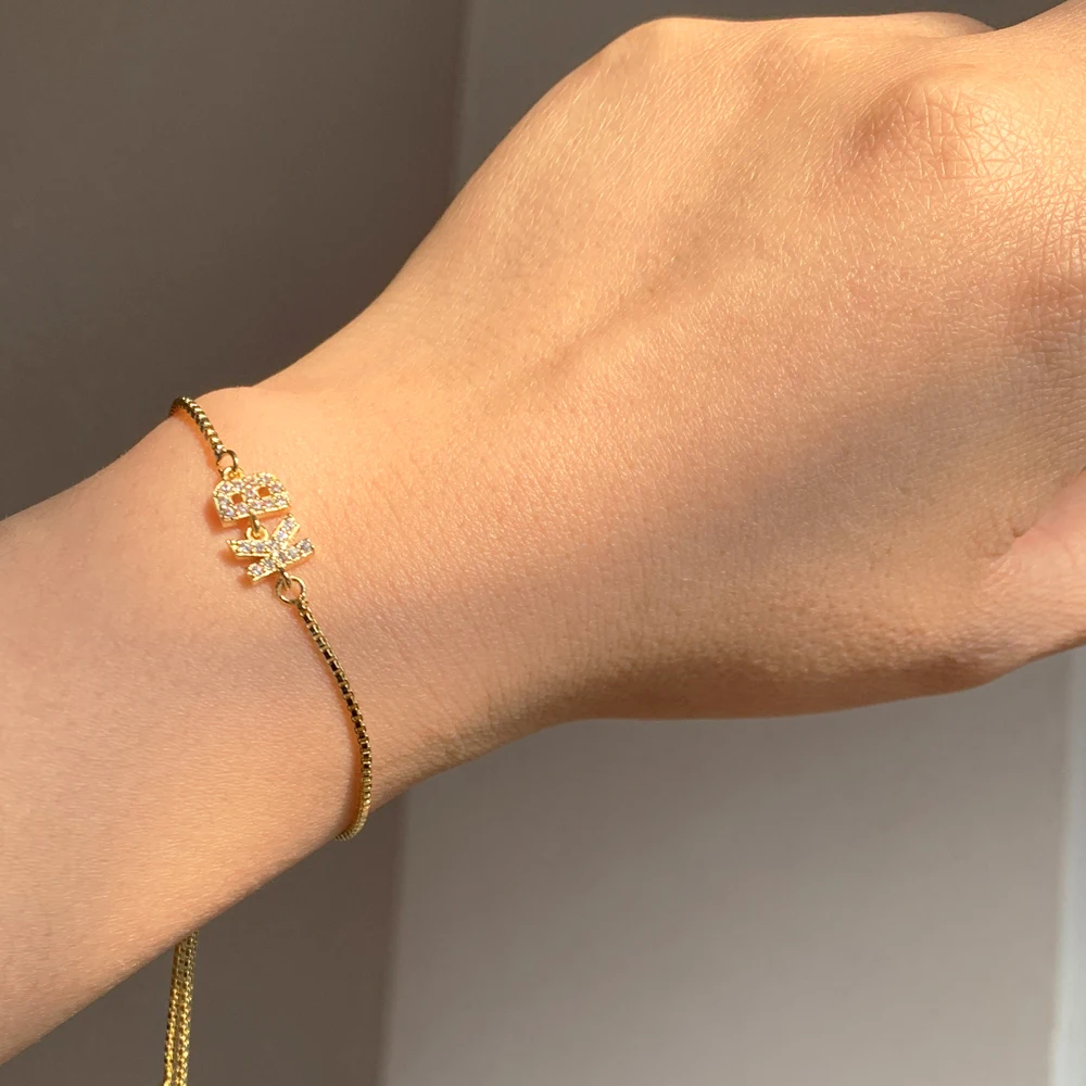 2 Letters Custom A-Z Initial Letter Charm Bracelet Trendy Elegant Gold Color Micro Pave CZ Adjustable Chain Arm Cuff Jewelry