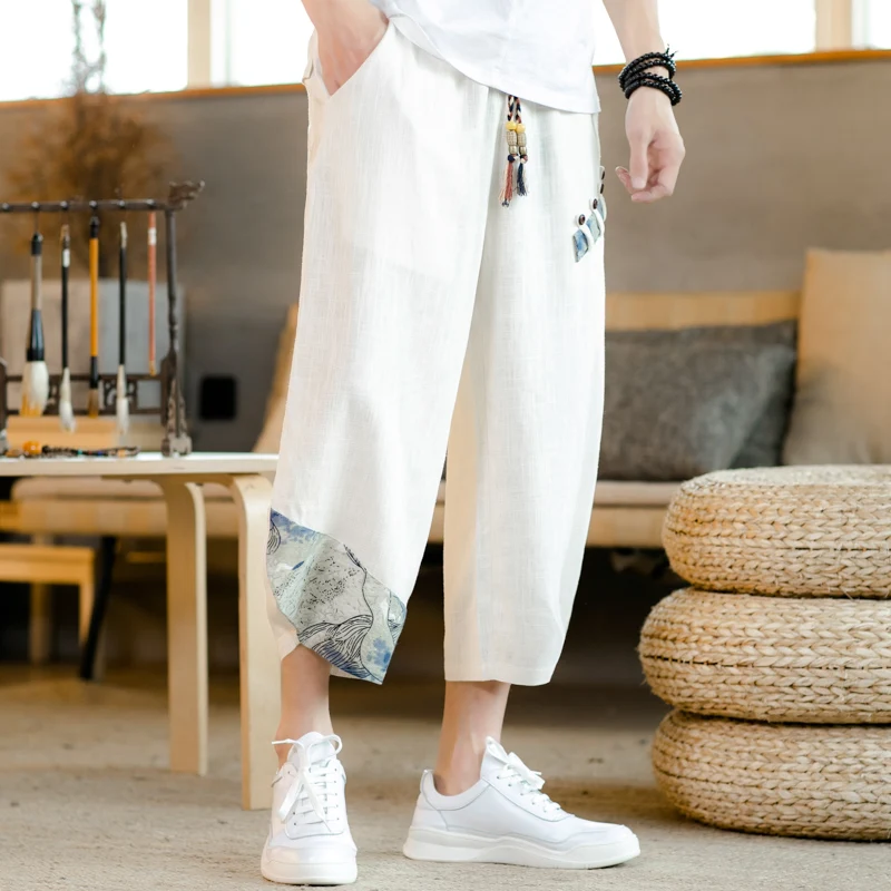 Japanese style cropped pants Men Joggers Harem flax Pants Man Summer ancient costume Streetwear Loose Trouser Trendy Sweatpants