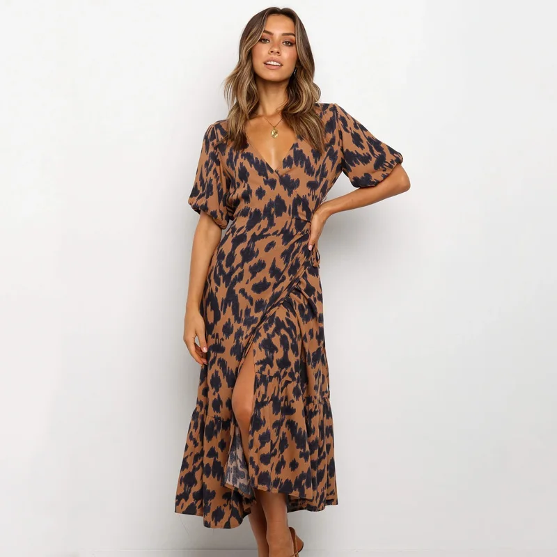 

Ardm Fashion V Neck Lantern Sleeve Holiday Style Beach Summer Dress Wrap Lace Up Ruffled Women Dress Leopard Print Midi Dress