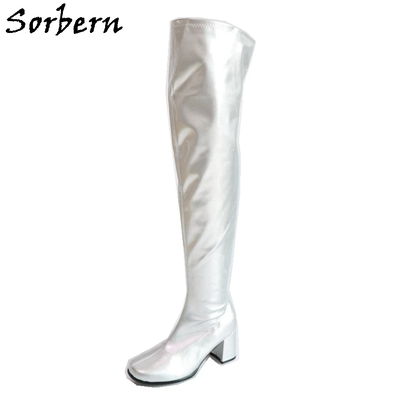 

Sorbern Silver Shiny Knee High Boots For Women Square Heels Round Toe Custom Colors European Size 46 Ladies Boots Comfortable