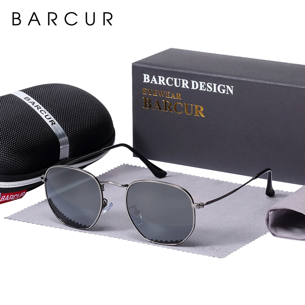 BARCUR Brand Sunglasses Man Glass Lens Sun Glasses Women Stainless Steel Frame Eyewear Mirror Hexagon Oculos De Sol