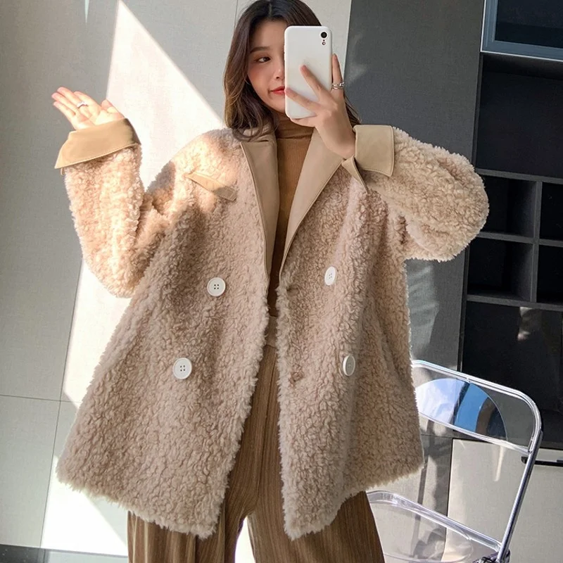 Style Korean 2022 Winter New Womens Solid Turn-Down Collar Double Breasted Jackets Office Lady Elegant Straight Outerwear