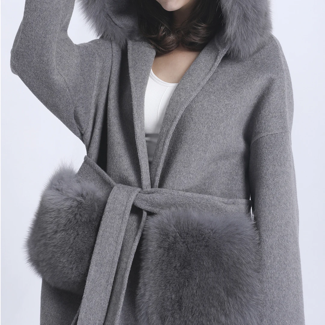 MISSJANEFUR Cashmere Coat Women Fashion Caual Fur Trim Hood Wool Jacket With Big Fox Fur Pockets Loose Belted Coat Women