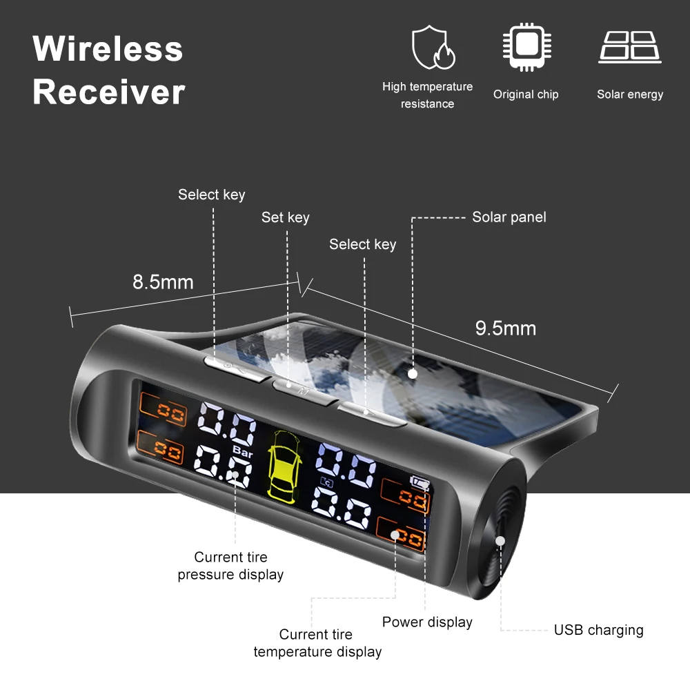 Sensor Solar de presión de neumáticos TPMS, sistema de monitoreo de presión de neumáticos de coche con sensores externos internos de 4 ruedas TMPS