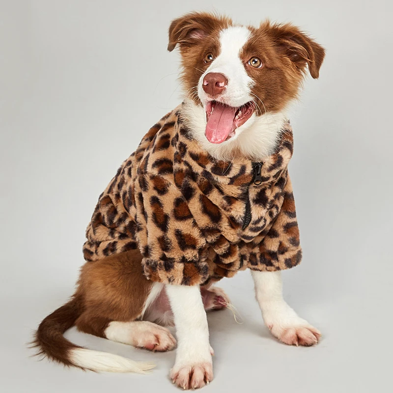 Winter Warm Pet Plush Leopard Dog Clothes Dog Jacket Coat Autumn and Winter Dog Coat Labrador French Bulldog Suit XS-XXL