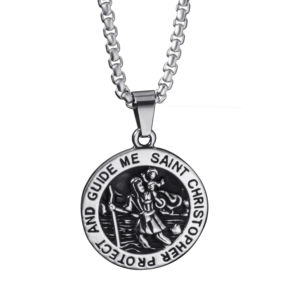 Saint Christopher Pendant Vintage Stainless Steel Alloy Greek Jesus Amulet Pendant Necklace for Men Women