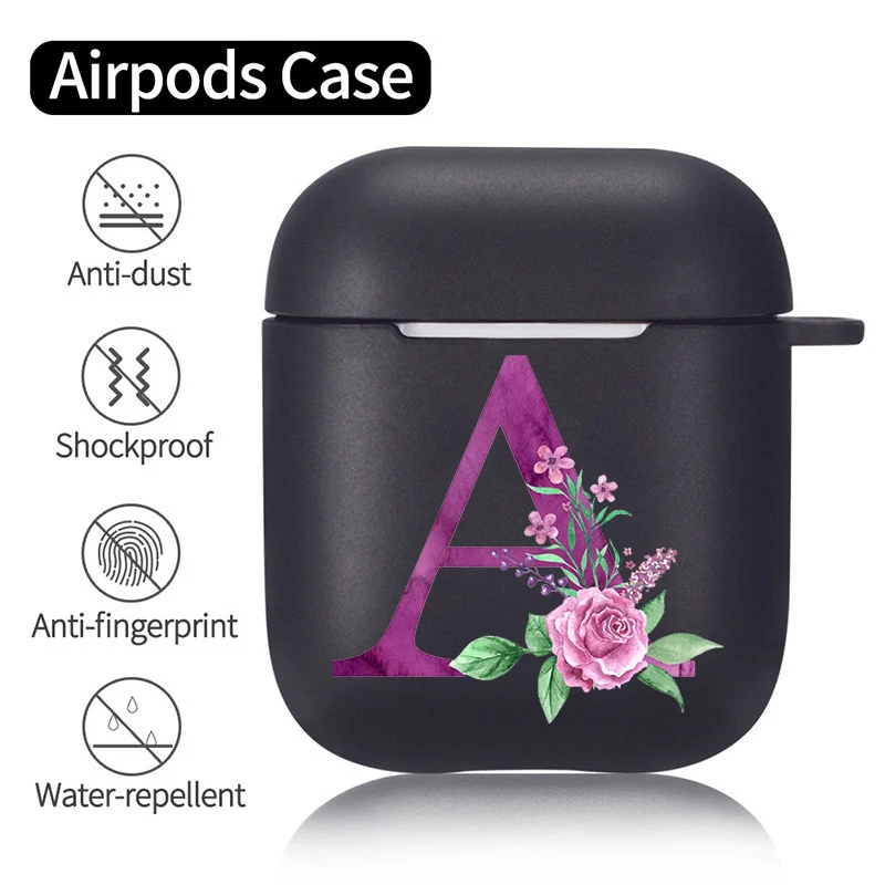 Purple Rose Bouquet Letter Black Silicone Case for Apple Airpods 1 2 Cases Floral A-Z Alphabet Soft Airpods Earphone Cover