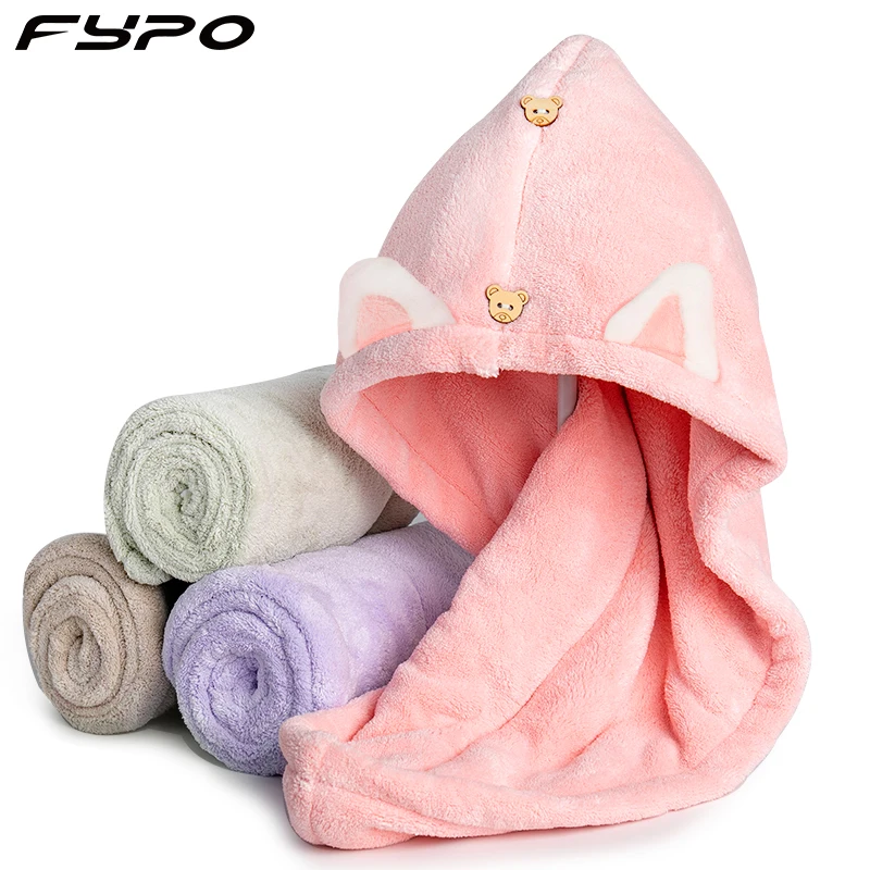 

Quick Dry Hair Towels Women And Child Cute Cat Ear Super Absorption Thicker Microfiber Turban Towels With Bear Buttons