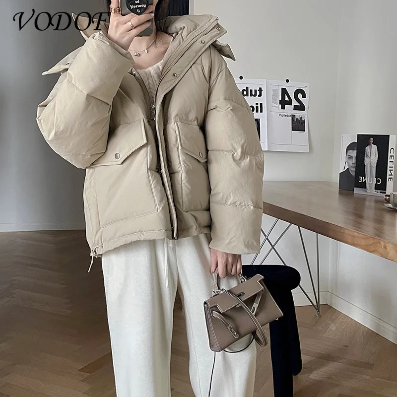 VODOF 2021 New Winter Jacket Parkas Women Cotton Jacket Hooded Parka Warm Female Cotton Padded Jacket Casual Outwear