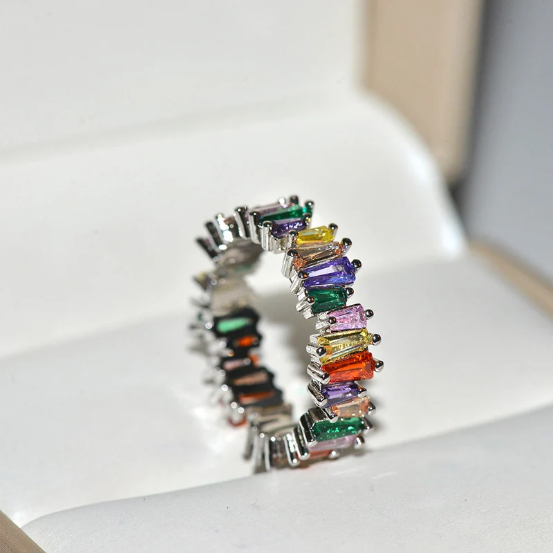 Hot sale T Shape colorful zircon Stone Ring Luxury Baguette AAA Cubic Zircon Bridal Ring Charms For Women Wedding Finger Jewelry