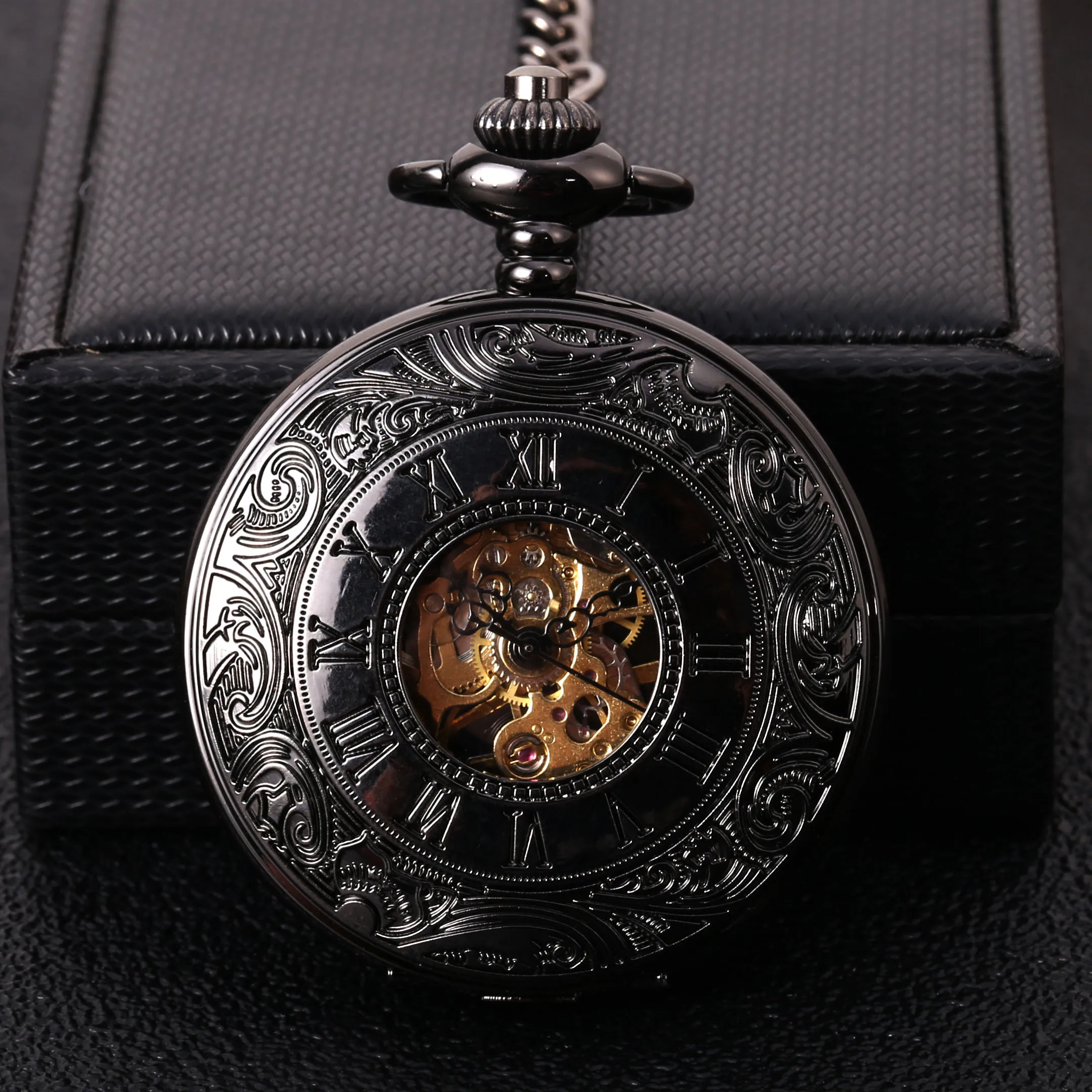 Black carved Roman scale mechanical large pocket watch Creative retro gift value exquisite pocket watch