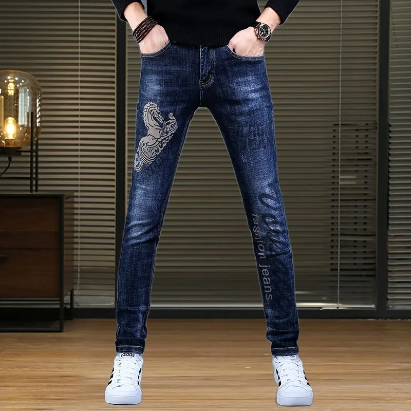 Korea Version Men’s Light Luxury Blue Jeans, Sexy Stretch Slim Jeans,High Quality Scratches Jeans, Stylish Street Jeans;