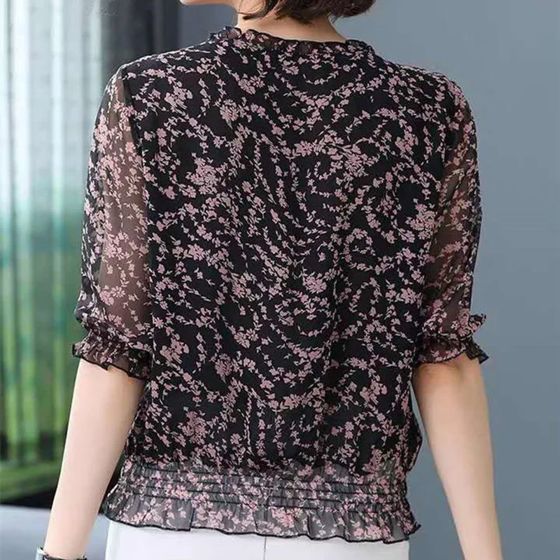 Floral Half Sleeve Shirts Loose Blouses Spring Summer Blusas Print Casual O-Neck Fashion Tops MM0329