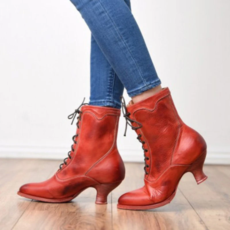 Leather lace Up Wedges boots Strange heel women Cowboy Boots Round Toe Shoes British Style Plus size 35-43 Street Outdoor shoes