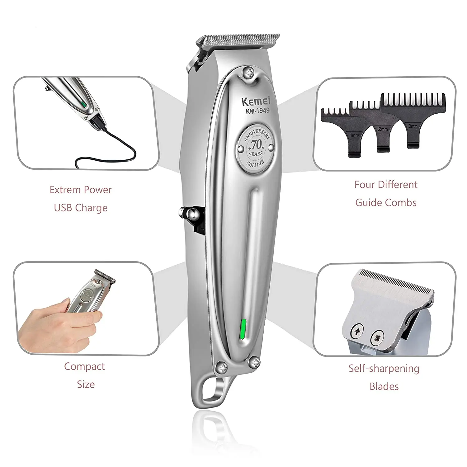 Kemei 1949 Professional Hair Clipper All Metal Men Electric Cordless Hair Trimmer 0mm Baldheaded T Blade Finish Haircut Machine