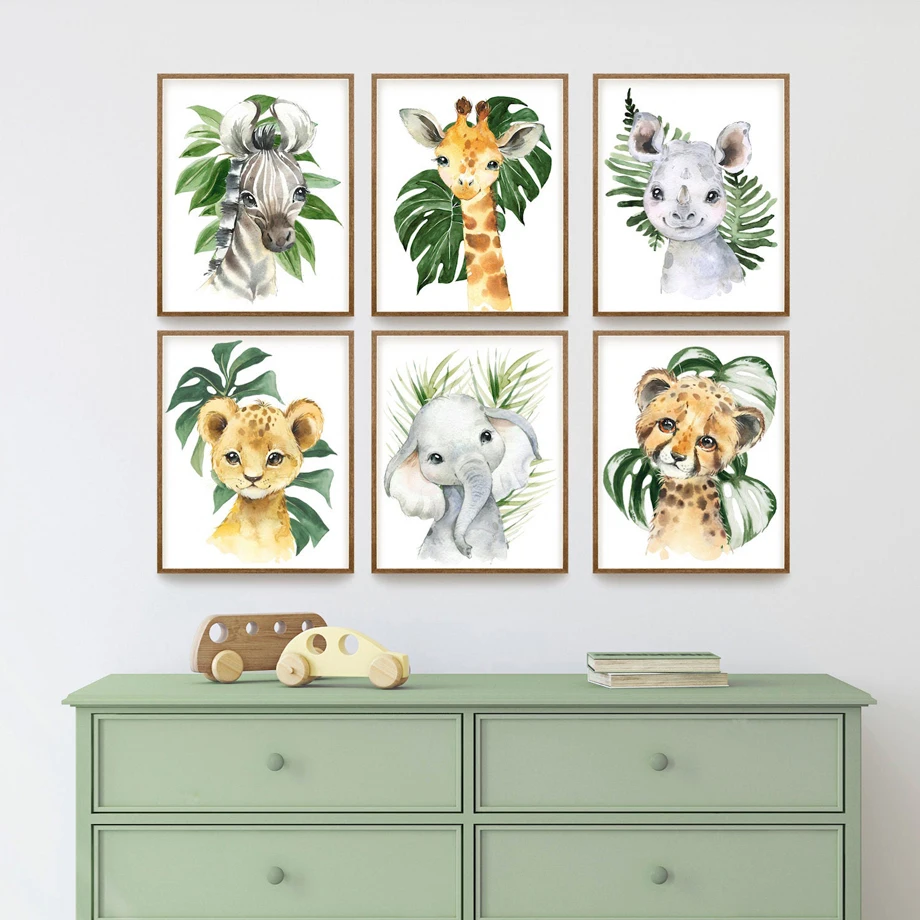 Baby Giraffe Tiger Horse Rhino Leaf Wall Art Canvas Painting Nordic Posters And Prints Animal Wall Pictures Baby Kids Room Decor