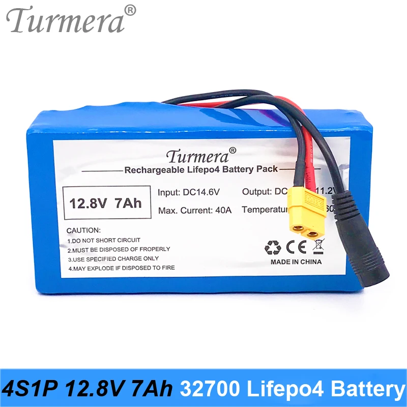 Turmera 32700 Lifepo4 Battery Pack 4S1P 12.8V 7Ah with 4S 40A Balanced BMS for Electric Boat and Uninterrupted Power Supply 12V