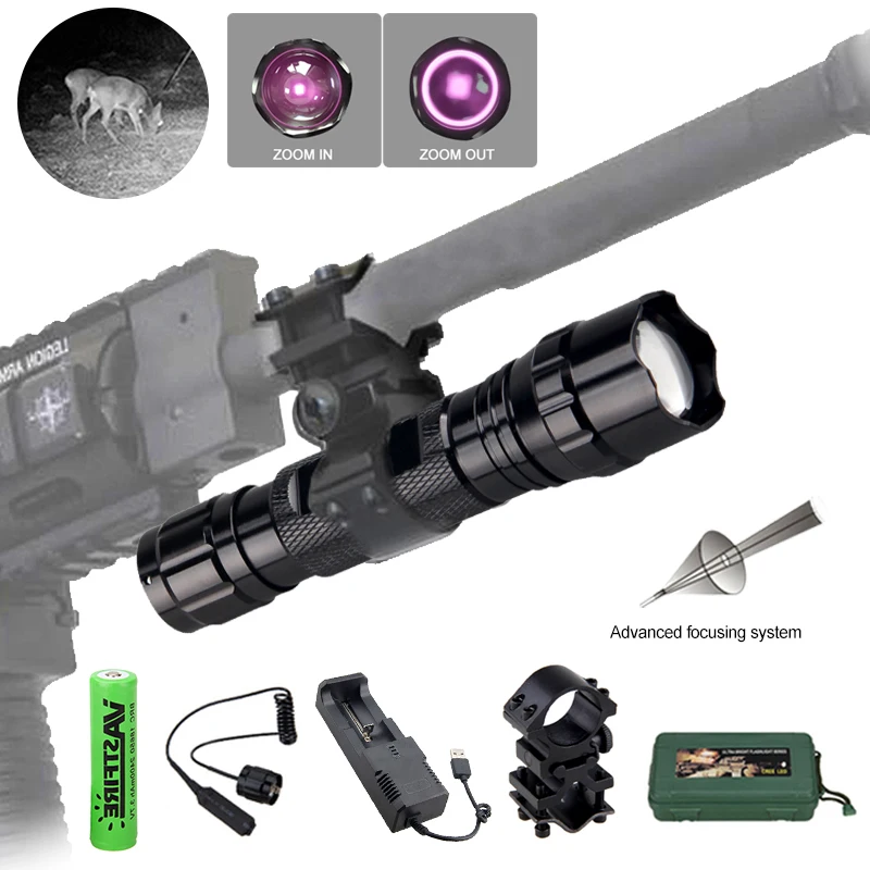 lanterna led infravermelho com luz ir ajustavel zoomable hunting torch visao noturna carregador interruptor caixa 18650 200 jardas 940 nm 01