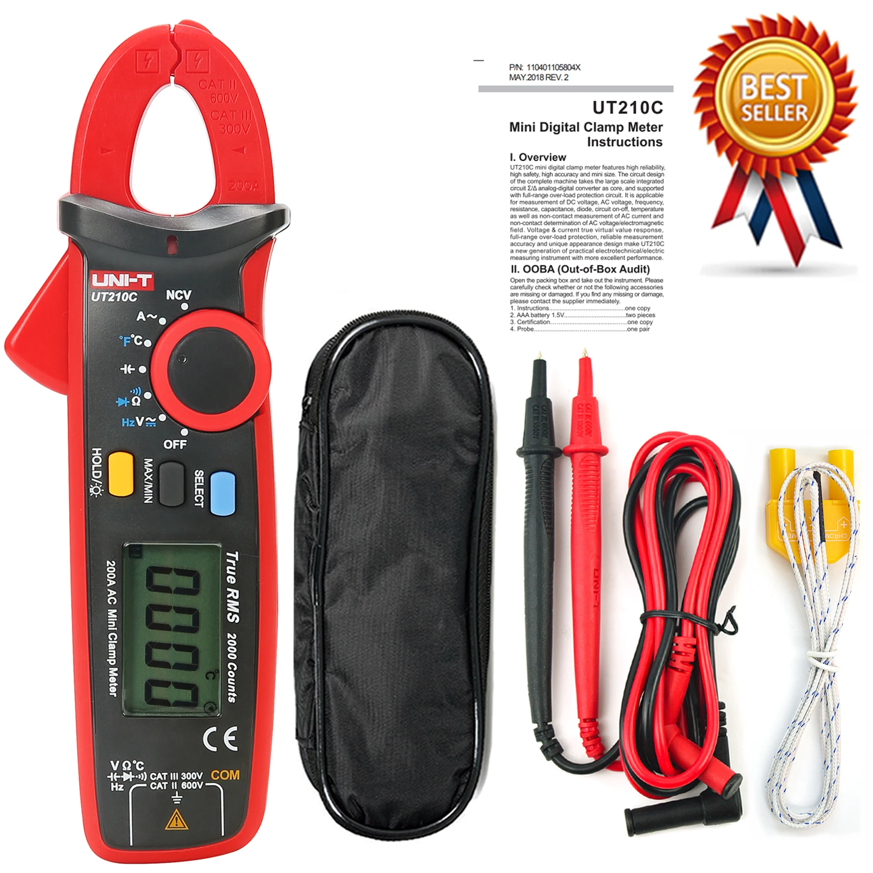 UNI-T UT210C Single AC 200A True RMS High Precision Mini Digital Clamp Multimeter,NCV,Diode Test,LCD Backlight,Temperature Test