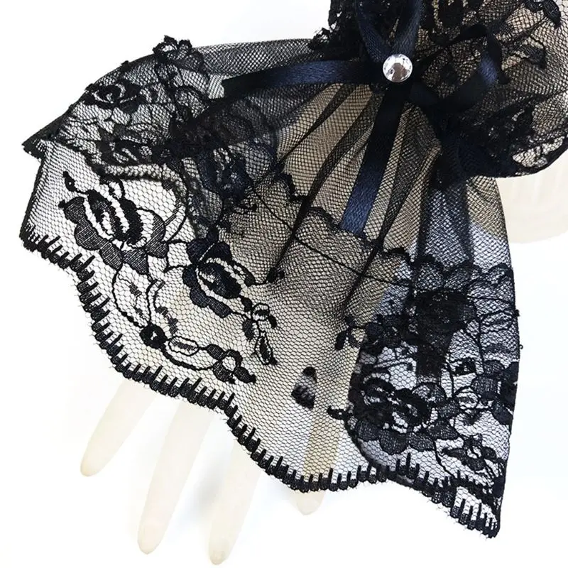 Women Black Lace Wrist Cuffs Bracelets Wedding Rhinestone Bow Fingerless Gloves