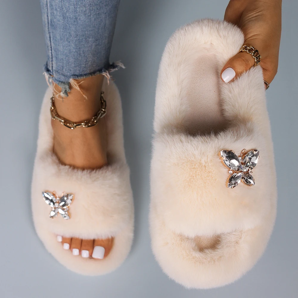 Women Fluffy Slippers Designer Fur Slides Crystal Butterfly Faux Fur Sandals Glitter Rhinestone Platform Slippers Female Shoes