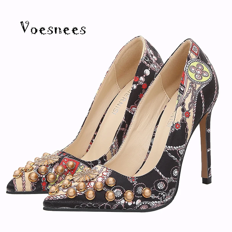 Voesnees Shoes Women 2020 New Fashion Pumps 11CM Ethnic printing Ladies Shallow Mouth Pointed High Heels Female Stiletto Sexy